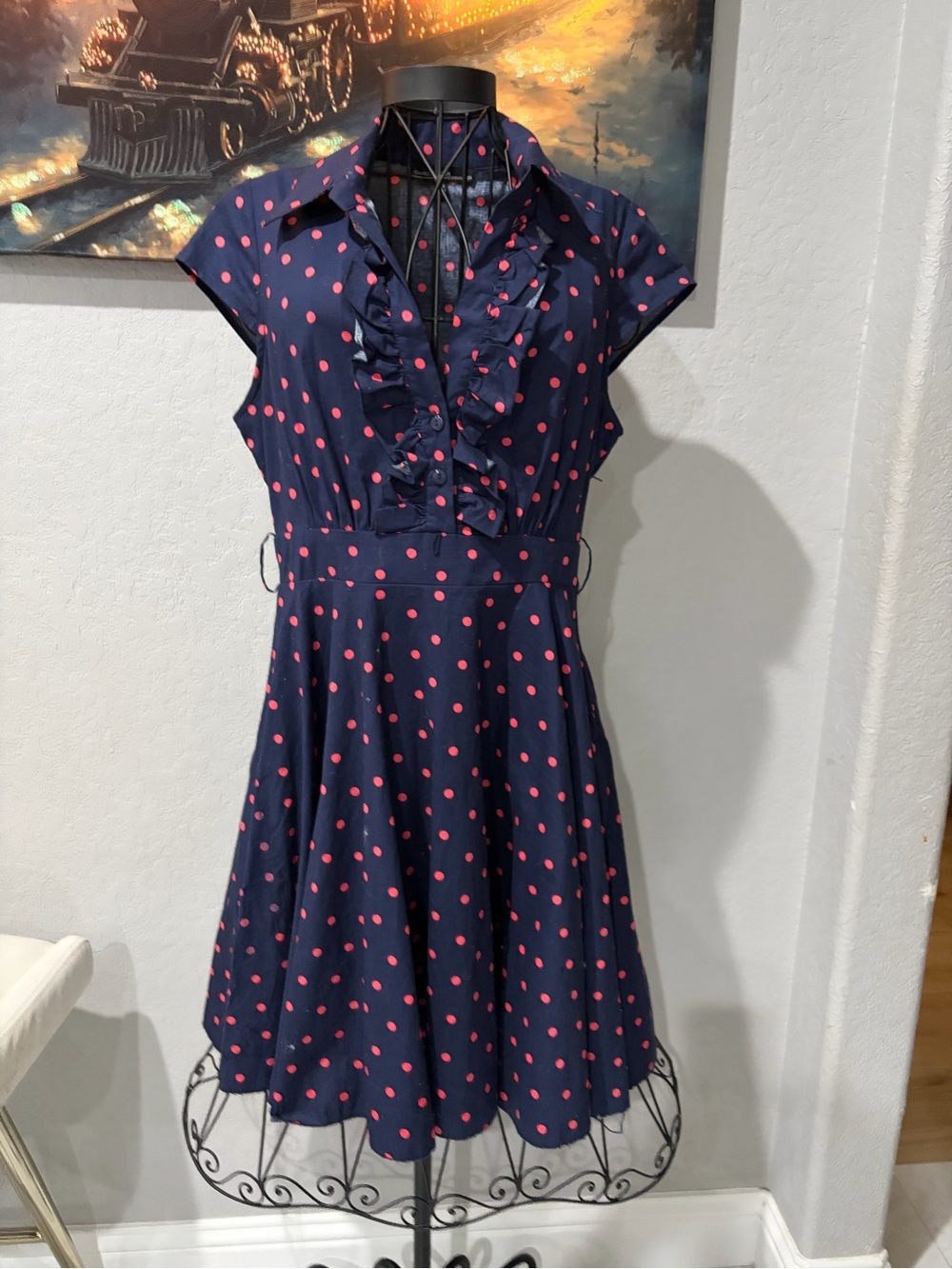 Navy Ruffle Polka Dot Midi Dress with Pink Dots